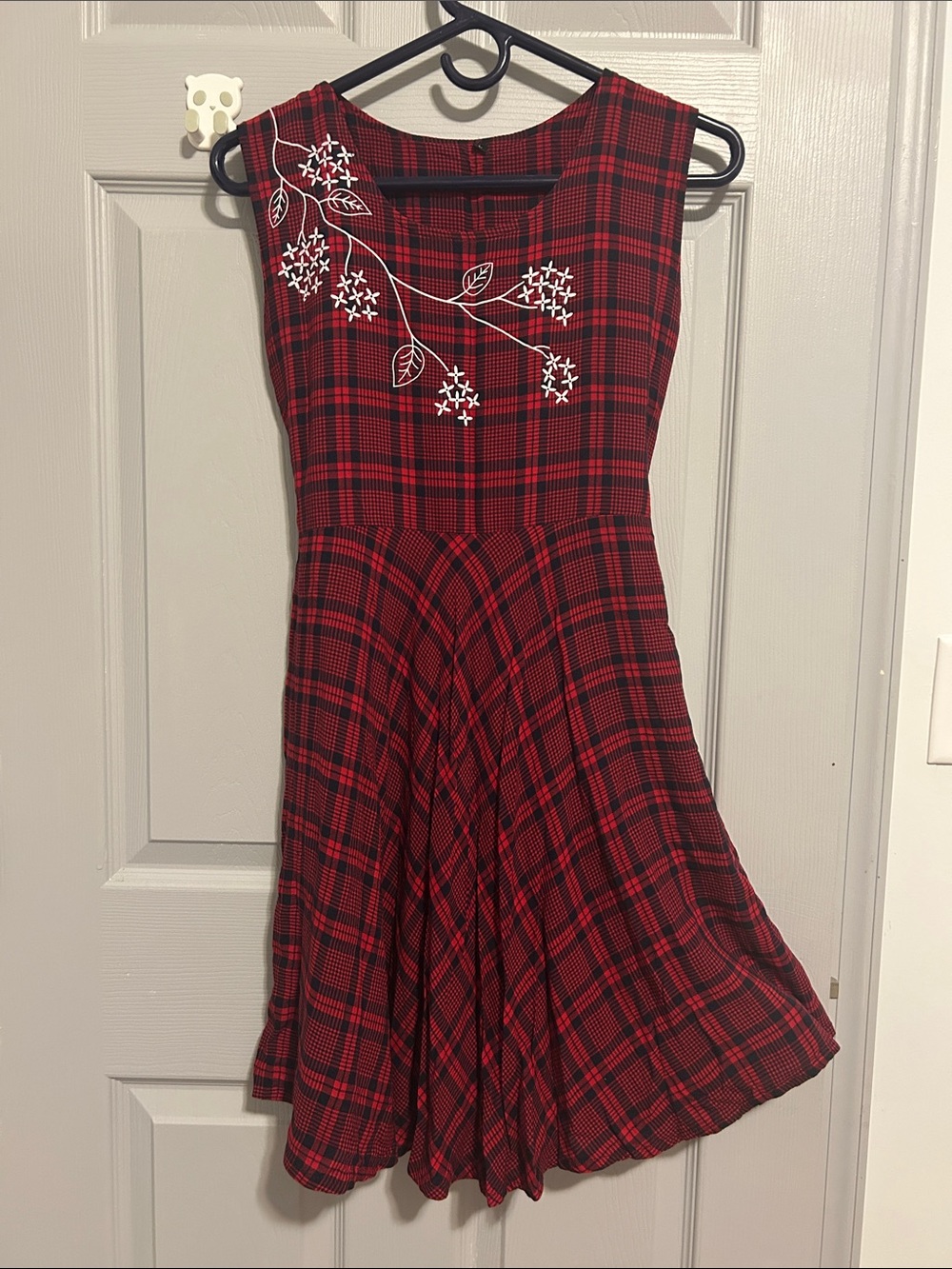 Red Plaid Dress with Floral Embroidery Print